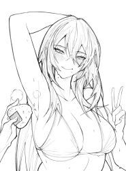 absurdres armpit_onigiri armpits bikini blue_hair breasts cleavage food highres kuromizu_kouki large_breasts long_hair long_sleeves mole mole_on_neck mole_under_mouth onigiri presenting_armpit prismnova red_eyes seductive_smile sketch smile steaming_body sweat swimsuit tofu_bulatt upper_body v virtual_youtuber white_hair