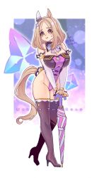 1girl alternate_costume animal_ears blonde_hair blush breasts character_name cleavage closed_mouth collarbone commentary_request forehead groin hair_ornament highres horse_ears horse_girl horse_tail large_breasts looking_at_viewer medium_hair narita_top_road_(umamusume) simple_background sweat tail thighhighs tsuutenkaaku umamusume white_background yellow_eyes