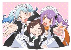 3girls alternate_costume apron arm_on_another&#039;s_head arm_on_another&#039;s_shoulder arm_rest black_dress blue_hair brown_eyes brown_hair dress elbow_rest end_card enmaided frilled_apron frills glasses hair_ornament hand_on_own_cheek hand_on_own_face head_rest highres izutsumi_marin koga_konoha kusagakure_satoko looking_at_viewer maid maid_apron maid_headdress multiple_girls ninja_to_koroshiya_no_futarigurashi official_art open_hand orange_eyes orange_scarf polka_dot polka_dot_background purple_hair reaching reaching_towards_viewer scarf sharp_teeth shuriken_hair_ornament side_ponytail skull_hair_ornament smile teeth v watanabe_akio white_apron