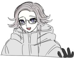 1boy aotsuki_eito black_gloves blue_eyes eyelashes glasses gloves hand_up looking_at_viewer male_focus open_mouth simple_background solo solo_focus teeth the_hundred_line_-last_defense_academy- upper_body upper_teeth_only white_background