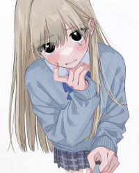 Rule 34 | 1girl, absurdres, black eyes, blonde hair, blue neckerchief, blush, clothes pull, collared shirt, crying, eyelashes, finger to cheek, fingernails, from above, grey sweater, hair behind ear, hair between eyes, hamafugu, heart, heart-shaped pupils, highres, legs, long eyebrows, long fingernails, long hair, long sleeves, looking at viewer, nail polish, neckerchief, open mouth, original, pink nails, plaid clothes, plaid skirt, pleated skirt, pov, school uniform, second-party source, shirt, simple background, skirt, solo, standing, sweater, swept bangs, symbol-shaped pupils, tearing up, teeth, white background, white shirt