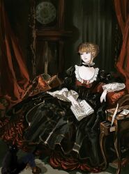 1girl ashashio beatrice_(umineko) black_cat black_dress blonde_hair blue_eyes book cat clock curtains dress grandfather_clock highres open_book short_hair sitting sketch solo umineko_no_naku_koro_ni