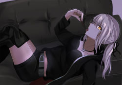 1girl absurdres artoria_pendragon_(fate) belt boots breasts chocolate couch eyebrows_hidden_by_hair fate/grand_order fate_(series) food from_side grey_hair hair_ribbon highres holding holding_chocolate holding_food hood hooded_jacket jacket long_hair looking_at_viewer lying official_alternate_costume open_mouth ribbon saber_alter saber_alter_(ver._shinjuku_1999) saber_alter_(ver._shinjuku_1999)_(fate) shirt shorts sii_artatm solo tongue tongue_out yellow_eyes