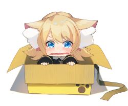 1girl animal_ear_fluff animal_ears azur_lane blonde_hair blue_eyes blush box cardboard_box cat_ears chibi fox_ears hatski.sin highres in_box in_container looking_at_viewer meowfficer_(azur_lane) open_mouth oscar_(azur_lane) simple_background snot solo tears wavy_mouth white_background
