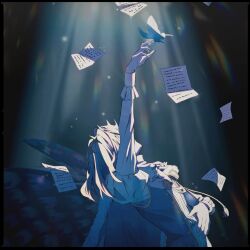 1boy bug butterfly butterfly_wings fate/grand_order fate_(series) grey_hair hair_between_eyes highres insect insect_wings oberon_(fate) oberon_(third_ascension)_(fate) paper short_hair simple_background solo wings yu_(yyy6_y1_yy7)
