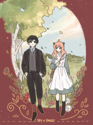 1boy 1girl aged_up alternate_costume anne_of_green_gables anne_shirley anne_shirley_(cosplay) anya_(spy_x_family) birch_tree black_eyes black_hair black_hat black_jacket black_pants black_shoes blue_dress blush brown_bag closed_mouth cloud commentary_request copyright_name cosplay damian_desmond day dress flower gilbert_blythe gilbert_blythe_(cosplay) grey_vest haengseong33 hair_ornament hairpods hands_in_pockets hat highres holding_strap jacket long_hair long_sleeves looking_at_another outdoors pants pink_flower pink_hair red_flower shoes short_hair spy_x_family standing tree vest
