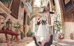 1girl apron backpack bag black_cat black_shoes brown_bag cat character_doll doll dress grey_hair hat hinata_(echoloveloli) indoors long_hair long_skirt mouse_(animal) open_mouth original outdoors red_dress red_eyes shirt shoes skirt sleeveless sleeveless_shirt smile socks solo v white_apron white_shirt white_skirt white_socks witch_hat