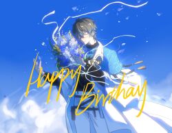1boy 1girl 4000zn black_hair blue_eyes blue_sky bouquet brown_hair closed_mouth cloud day fishnet_gloves fishnets flower glasses gloves happy_birthday highres holding holding_bouquet ike_eveland long_sleeves looking_at_viewer male_focus nijisanji nijisanji_en outdoors petals short_hair sky smile solo sword virtual_youtuber weapon