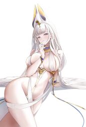 +_+ 1girl absurdres ancient_egyptian_clothes animal_ears ankh arm_support azur_lane bare_shoulders bracelet breasts commentary cross-shaped_pupils crossed_legs english_commentary gold_trim hair_ornament hair_spread_out hand_up head_tilt headpiece highres jewelry large_breasts light_blush liyuanqianling long_hair looking_at_viewer lying no_bra no_panties official_alternate_costume parted_lips red_eyes revealing_clothes scylla_(a_maid&#039;s_judgment)_(azur_lane) scylla_(azur_lane) simple_background skindentation snake_hair_ornament solo symbol-shaped_pupils thighs usekh_collar very_long_hair white_background white_hair
