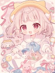1girl :3 :d animal_hat blue_neckerchief blush cat_hat chibi chibi_inset chucolala commentary commission cowboy_shot dress frilled_dress frills grid_background hat highres kamizakana_iriko long_sleeves looking_at_viewer mashiro_kanon neckerchief open_mouth pink_background pink_hair red_eyes red_ribbon ribbon sailor_collar short_hair skeb_commission skirt_hold smile stuffed_animal stuffed_toy teddy_bear twitter_username virtual_youtuber white_dress white_sailor_collar yellow_hat