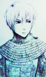 1boy armor blue_theme chainmail commentary_request emblem expressionless hair_between_eyes knight_(ragnarok_online) looking_afar looking_to_the_side male_focus monochrome parted_lips picojan_w ragnarok_online short_hair simple_background sketch solo tabard