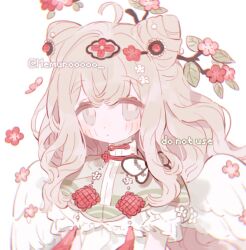 1girl ahoge angel_wings blue_eyes blush chinese_clothes cone_hair_bun double_bun dress feathered_wings flower frills hair_bun hair_flower hair_ornament long_hair memuro original short_sleeves upper_body white_background wings