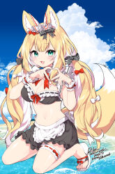 animal_ear_fluff animal_ears apron aqua_eyes artist_name beach black_bra black_skirt blonde_hair blue_sky blush bow bow_bra bowtie bra breasts center-flap_bangs cleavage cloud cloudy_sky commentary_request dated double-parted_bangs fang frilled_bra frilled_shrug frilled_wrist_cuffs frills full_body fuwafuwa-chan_(kamiyoshi_rika) grey_bow hair_bow hands_up heart heart_hands highres kamiyoshi_rika kneeling large_breasts long_hair long_sidelocks looking_at_viewer maid miniskirt multicolored_bow multicolored_hair navel no_shirt ocean open_mouth original outdoors plaid_bow red_bow red_bowtie sand sandals shrug_(clothing) sidelocks skirt sky smile stomach thigh_bow thigh_strap toenails toes underwear very_long_hair waist_apron water white_apron white_bow white_hair white_shrug wrist_cuffs