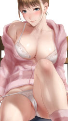 1girl bare_shoulders blue_eyes blush bra breasts brown_hair cameltoe collarbone front-hook_bra gluteal_fold highres hood hoodie knee_up lace lace_bra lace_panties large_breasts light_smile lingerie lips looking_at_viewer nervous_smile no_pants off_shoulder open_bra open_clothes original panties pink_hoodie pink_socks short_hair sidelocks simple_background sitting smile socks solo underwear white_bra white_panties yukino_cg