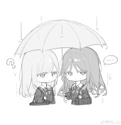 ... 2girls bag bang_dream! bang_dream!_it&#039;s_mygo!!!!! chibi chibi_only chinese_commentary closed_mouth commentary_request dkl_(dinosaurkl2) greyscale highres long_hair monochrome multiple_girls nagasaki_soyo rain school_bag school_uniform shoulder_bag sidelocks spoken_ellipsis tsukinomori_school_uniform umbrella wakaba_mutsumi