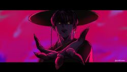 1boy alternate_eye_color black_hanbok cosplay demon_boy earrings fingernails gat_(hat) gatkkeun glowing glowing_eyes hanbok hat highres jewelry jinu_(kpop_demon_hunters) jinu_(kpop_demon_hunters)_(cosplay) korean_clothes korean_traditional_hat kpop_demon_hunters long_sleeves look-alike looking_at_viewer male_focus marius_von_hagen_(tears_of_themis) purple_background purple_hair sharp_fingernails short_hair solo tears_of_themis upper_body yellow_eyes yoshiiraav