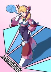 1girl alia_(mega_man) armor black_bodysuit blonde_hair bodysuit breasts chest_jewel highres lautricius medium_breasts medium_hair mega_man_(series) mega_man_x_(series) pink_armor solo speech_bubble spoken_character standing x_(mega_man)