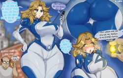 1boy 1girl absurdres ass blonde_hair blue_bodysuit blue_eyes blush bodysuit breasts cameltoe cheating_(relationship) comic curvy drevod earrings english_text fantastic_four formal_clothes glasses glowing glowing_eyes highres huge_ass jewelry kneeling large_breasts long_hair magic marvel marvel_rivals mind_control multicolored_bodysuit sue_storm suit superhero_costume thick_thighs thighs tight_clothes tongue tongue_out two-tone_bodysuit white_bodysuit wide_hips yellow_eyes