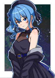 Rule 34 | 1girl, absurdres, belt, belt buckle, black dress, black hat, blue belt, blue bow, blue eyes, blue hair, border, bow, breasts, buckle, chiisu (pixiv111973304), closed mouth, dress, earrings, hair between eyes, hair bow, hat, highres, hololive, hoshimachi suisei, jewelry, long hair, outline, outside border, shiny skin, side ponytail, sidelocks, sleeveless, sleeveless dress, small breasts, smile, solo, striped bow, virtual youtuber, white border, white outline