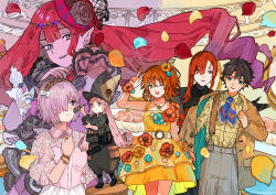 1boy 5girls applying_another&#039;s_makeup applying_makeup baobhan_sith_(fate) belt black_hair blue_eyes bow bracelet buchi_(qooo003) collared_shirt cosmetics creature dress dress_flower falling_petals fate/grand_order fate_(series) flower fou_(fate) fujimaru_ritsuka_(female) fujimaru_ritsuka_(male) gloves grey_eyes habetrot_(fate) hair_bow hair_flower hair_ornament hat head_chain headband holding holding_brush holding_makeup_brush jacket jewelry long_hair makeup_brush mash_kyrielight medium_hair multiple_girls necklace oda_nobunaga_(fate) oda_nobunaga_(maou_avenger)_(fate) official_art one_eye_closed open_mouth orange_eyes orange_hair overalls petals pink_eyes pink_hair promotional_art purple_hair red_hair red_nails ring second-party_source shirt short_hair smile suspenders