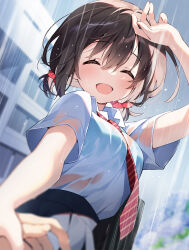 1girl ^_^ arm_up bag black_skirt blue_bra blurry blush bra bra_visible_through_clothes breasts brown_hair closed_eyes flower hair_between_eyes hair_ornament low_twintails medium_breasts necktie open_mouth original outdoors pleated_skirt rain red_necktie school_bag school_uniform see-through_clothes shirt short_sleeves short_twintails skirt smile suimya twintails underwear wet wet_clothes wet_shirt white_shirt