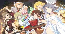 6+girls :3 :d ahoge angel_wings bare_shoulders black_ribbon blonde_hair blue_dress blue_eyes blush bow breasts brown_eyes brown_hair bun_cover cleavage clenched_teeth crown detached_collar detached_sleeves double_bun dress drumsticks dual_wielding earrings eyewear_on_head feathered_wings fighting_stance flat_chest frilled_dress frills furisode furrowed_brow game_cg glasses green_eyes grey_hair gun hachimaki hair_between_eyes hair_bun hair_ornament hairband hairclip hanabi_(senran_kagura) headband heterochromia highres holding ice japanese_clothes jewelry kafuru_(senran_kagura) kimono large_breasts long_hair low_neckline low_twintails medium_breasts medium_hair mini_crown multiple_girls necklace night non-web_source official_art open_mouth orange_hair pearl_necklace purple_eyes renka_(senran_kagura) ribbon rifle ryoubi_(senran_kagura) ryouna_(senran_kagura) sayuri_(senran_kagura) senran_kagura senran_kagura_estival_versus shirt short_hair skirt smile tank_top teeth thighhighs tiara tree twintails water_gun weapon whistle white_bow white_shirt wings wrinkled_skin yaegashi_nan yumi_(senran_kagura)