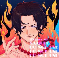 Rule 34 | 1boy, bead necklace, beads, black hair, bright pupils, closed mouth, collarbone, commission, fingernails, fire, freckles, highres, jewelry, looking at viewer, male focus, necklace, one piece, portgas d. ace, pyrokinesis, short hair, solo, upper body, vamos mk, white pupils