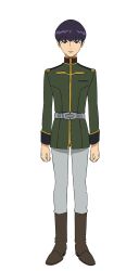 1boy belt benowa boots bowl_cut brown_boots epaulettes full_body gundam gundam_gquuuuuux highres looking_at_viewer male_focus military_uniform official_art pants purple_eyes purple_hair short_hair simple_background solo standing transparent_background tunic white_pants zeon