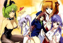 00s 5girls adjusting_buruma adjusting_clothes animal_ears ass blowing_kiss blue_eyes blue_hair bow bowtie breasts brown_eyes buruma choker cleavage clipboard detached_collar fake_animal_ears fishnet_pantyhose fishnets flight_attendant fuyou_kaede green_hair gym_uniform hair_ribbon hairband hat heart highres japanese_clothes large_breasts leotard lipstick lisianthus long_hair makeup megami_magazine miko multiple_girls nerine nurse official_art one_eye_closed orange_hair panties pantyhose pen playboy_bunny pointy_ears pr_(puru) primula rabbit_ears rabbit_tail red_eyes red_hair ribbon salute shigure_asa short_hair shuffle! sitting tail travel_attendant tress_ribbon twintails underwear very_long_hair watanabe_ruriko white_panties wink wrist_cuffs