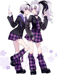 2girls ahoge androgynous arm_grab armband belt_buckle black_armband black_footwear black_nails black_shirt black_streaks buckle button_up_skirt buttons choker collarbone collared_shirt drawstring dual_persona emu_(marico_w) flat_chest flower_(vocaloid) flower_(vocaloid3) flower_(vocaloid4) forte_(symbol) hand_on_another&#039;s_arm high_ponytail highres hood hoodie index_finger_raised leg_up leg_warmers miniskirt multicolored_hair multiple_girls necktie pale_skin pink_lips plaid_choker plaid_clothes plaid_leg_warmers plaid_necktie plaid_skirt platform_footwear pleated_skirt pointing pointing_up ponytail purple_choker purple_eyes purple_hood purple_hoodie purple_leg_warmers purple_nails purple_skirt shirt shoes short_hair skirt smile standing standing_on_one_leg streaked_hair two-tone_hair vocaloid white_hair white_shirt