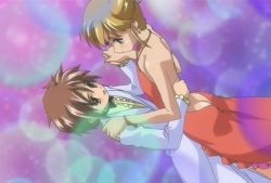 00s 2boys androgynous anime_screenshot arm_around_waist back black_hair blonde_hair boku_no_pico brown_hair butt_crack chico_(boku_no_pico) crossdressing dancing dress formal_clothes gradient_background holding_hands multiple_boys pico_(boku_no_pico) short_hair stitched suit third-party_edit trap