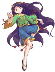 1girl alphes_(style) blue_shorts commentary_request cone_horns dairi flip-flops full_body green_shirt hand_up horn_ornament horn_ribbon horns large_variant_set long_hair long_sleeves nippaku_zanmu parody purple_hair ribbon sandals shirt shorts solo standing style_parody tachi-e touhou transparent_background variant_set wide_sleeves yellow_horns