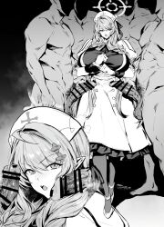 1girl 4boys absurdres angel_wings bar_censor blue_archive breasts censored clothed_female_nude_male dress feathered_wings halo hat hetero highres huge_breasts imminent_gangbang long_hair long_sleeves looking_at_viewer mine_(blue_archive) multiple_boys nude nurse nurse_cap open_mouth penis penis_on_face pointy_ears surrounded surrounded_by_penises thirty_8ght wings