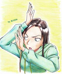 Rule 34 | 1girl, artist name, bj1034 (tosashi), brown hair, colored pencil (medium), derivative work, enomoto azusa, green eyes, green hoodie, hands up, highres, hood, hood down, hoodie, jitome, long hair, long sleeves, looking to the side, meitantei conan, solo, sweatdrop, traditional media, upper body, yellow background