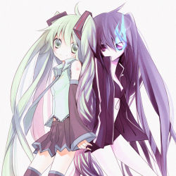 Rule 34 | 10s, 2girls, back-to-back, bad id, bad pixiv id, black rock shooter, black rock shooter (character), glowing, glowing eyes, hatsune miku, ikazuchi miruku, long hair, multiple girls, thighhighs, very long hair, vocaloid