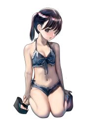 Rule 34 | 1girl, absurdres, bare shoulders, bikini, black hair, blue bikini, blush, breasts, cleavage, emutsuichi, full body, grey eyes, highres, long hair, looking at viewer, navel, open mouth, original, platform sandals, ponytail, sandals, simple background, small breasts, solo, stomach, swimsuit, thighs, white background