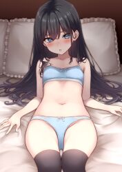Rule 34 | 1girl, absurdres, asashio (kancolle), bed, black hair, black thighhighs, blue bra, blue eyes, blue panties, blush, bow, bow bra, bow panties, bra, breasts, collarbone, commentary request, crotch seam, frilled pillow, frills, hair between eyes, highres, kantai collection, long hair, looking at viewer, lying, navel, nuka (nvkka), on back, on bed, panties, pillow, small breasts, solo, stomach, thighhighs, training bra, underwear, white bow