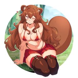 1girl ;) alternate_breast_size alternate_costume animal_ear_fluff animal_ears arm_support bare_shoulders bikini blush boots border breasts brown_boots brown_hair cleavage closed_mouth collarbone commentary day double-parted_bangs english_commentary eyelashes hair_between_eyes hand_on_own_arm heart highleg highleg_bikini highres large_breasts long_hair looking_at_viewer micro_bikini microskirt navel no_shirt on_grass one_eye_closed outdoors outline outside_border raccoon_ears raccoon_girl raccoon_tail raphtalia red_bikini red_eyes red_skirt revision skirt smile solo stomach straight-on swimsuit tail tate_no_yuusha_no_nariagari thick_thighs thigh_boots thighs vizaz white_border white_outline