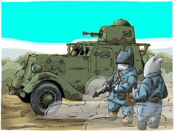 Rule 34 | 2boys, armored car, dirt road, drum magazine, gun, helmet, highres, load bearing vest, machine gun, magazine (weapon), military uniform, multiple boys, original, road, vehicle request, weapon, weapon request, yabarn