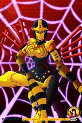Rule 34 | absurdres, arthropod girl, arthropod limbs, beast wars, blackarachnia, breasts, goukikabuto, hasbro, highres, humanoid robot, insect girl, insignia, large breasts, metal skin, predacon, robot, robot girl, silk, spider girl, spider web, transformers, watermark, yellow lips