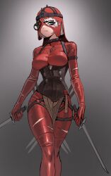 1girl absurdres black_corset blue_eyes bodysuit breasts collar corset dual_wielding fleur-de-lis grey_hair highres holding holding_sword holding_weapon large_breasts original pelvic_curtain red_bodysuit short_hair soldat_(dndosld73832) source_request spiked_collar spikes sword thigh_strap torn_bodysuit torn_clothes tsurime warhammer_40k weapon