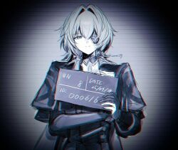 1boy anaxa_(honkai:_star_rail) aqua_hair closed_mouth eyepatch gloves highres holding honkai:_star_rail honkai_(series) looking_at_viewer male_focus medium_hair mochiumai29 one_eye_covered partially_fingerless_gloves side_ponytail smile solo twitter_username upper_body
