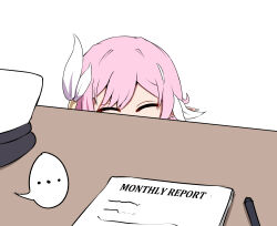 Rule 34 | ..., 1girl, commentary, desk, elysia (herrscher of human: ego) (honkai impact), elysia (honkai impact), hair ornament, hat, highres, honkai (series), honkai impact 3rd, marin liekuriva, paper, peaked cap, pen, pink hair, solo, spoken ellipsis, white hat