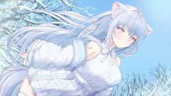 1girl ahoge animal_ear_fluff animal_ears bare_shoulders blue_sky blush breasts buttons commission day dutch_angle grey_hair hair_ornament high-waist_skirt jacket kurage_cc large_breasts lens_flare long_hair looking_to_the_side open_clothes open_jacket pink_eyes pleated_skirt print_skirt ribbon shirt shirt_tucked_in skeb_commission skirt sky snow snow_on_tree solo standing sunlight thighhighs tree very_long_hair vrchat white_jacket white_ribbon white_shirt white_thighhighs