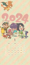 2024 2boys 2girls :3 ;d ^_^ absurdres antenna_hair aqua_eyes aqua_jacket arms_up balancing_on_tail baseball_cap black_hair black_hat black_shirt blush blush_stickers bright_pupils brown_jacket brown_pants calendar_(medium) captain_pikachu cat charizard chibi claws closed_eyes clothed_pokemon commentary_request dark-skinned_male dark_skin dot_(pokemon) dragon dragon_wings eyelashes fangs fire flame-tipped_tail flying friede_(pokemon) fuecoco gen_1_pokemon goggles goggles_on_head green_pants grin hair_over_eyes hat highres jacket liko_(pokemon) long_sleeves medium_hair mojacookie multicolored_hair multiple_boys multiple_girls nintendo nostrils official_art one_eye_closed open_clothes open_jacket open_mouth pants pikachu pink_eyes pink_hair pokemon pokemon_(anime) pokemon_(creature) pokemon_horizons purple_hair purple_jacket quaxly red_eyes red_hair roy_(pokemon) second-party_source shirt short_hair short_sleeves sitting slippers smile snorlax sprigatito tail teeth terapagos terapagos_(normal) two-tone_hair upper_teeth_only v-shaped_eyebrows v-shaped_eyes white_hair white_hat white_pupils wings
