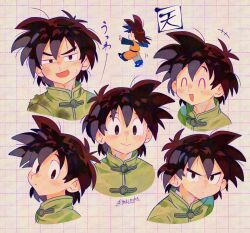 +++ 1boy :&gt; age_comparison balancing black_eyes black_hair blush blush_stickers brown_background chibi chibi_inset child chinese_clothes closed_eyes closed_mouth cropped_shoulders double-parted_bangs dragon_ball dragon_ball_super dragon_ball_super_super_hero dragonball_z expressionless facing_away flinch from_behind frown glaring green_jacket grid_background hair_between_eyes half-closed_eyes highres jacket laughing light_blush looking_ahead male_focus mandarin_collar medium_hair messy_hair motion_lines multiple_expressions multiple_views nervous nose_blush open_mouth outstretched_arms raised_eyebrow serious sideways_glance simple_background smile son_goten spiked_hair spread_arms standing standing_on_one_leg sweatdrop tangzhuang tareme toggles tokuura turning_head twitter_username upper_body v-shaped_eyebrows wavy_mouth