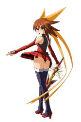 1girl ass bare_shoulders black_thighhighs blue_eyes boots brown_hair detached_sleeves elbow_gloves fingerless_gloves full_body fushisha_o gloves hair_ribbon high_heels highres holding holding_weapon leotard long_hair looking_back mahou_shoujo_ai non-web_source panties pantyshot ribbon rin_(mahou_shoujo_ai) shoes skirt solo standing sword thighhighs transparent_background underwear weapon