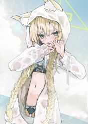 1girl absurdres alternate_costume alternate_hairstyle animal_ear_fluff animal_ears bikini blue_archive blue_bikini blush braid closed_mouth embarrassed fox_ears fox_girl green_eyes green_halo hair_between_eyes halo highres hood hood_up inaba_reito jacket kurumi_(blue_archive) long_hair looking_at_viewer navel open_clothes open_jacket see-through_clothes see-through_jacket solo sweat swimsuit twin_braids white_jacket