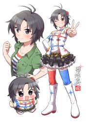 1girl ;d absurdres antenna_hair asymmetrical_bangs black_shirt black_skirt blue_choker blue_thighhighs blush blush_stickers chain character_name chibi chibi_inset choker eyelashes flower frilled_skirt frills full_body gold_trim green_shirt grin hair_flower hair_ornament hand_on_own_hip highres idolmaster idolmaster_(classic) idolmaster_million_live! idolmaster_million_live!_theater_days kikuchi_makoto long_sleeves messy_hair mismatched_thighhighs multicolored_choker multicolored_shirt multiple_views ngetyan no_sclera official_alternate_costume one_eye_closed open_clothes open_mouth open_shirt parted_bangs red_choker red_thighhighs shirt short_hair sigwhite_boots skirt smile sparkle sparkle_print starpiece_memories_(idolmaster) striped_clothes striped_shirt thighhighs upper_body v v-shaped_eyebrows white_background white_shirt