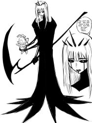 Rule 34 | 2girls, baby, english text, facial mark, highres, holding, holding scythe, hololive, hololive english, hololive indonesia, jasper xandros, kobo kanaeru, long hair, mori calliope, multiple girls, scythe, tiara, virtual youtuber, white background